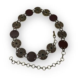 Metal & Faux Leather Ornate Circle Coin Chain Red Stones Brass Tone Belt 41”